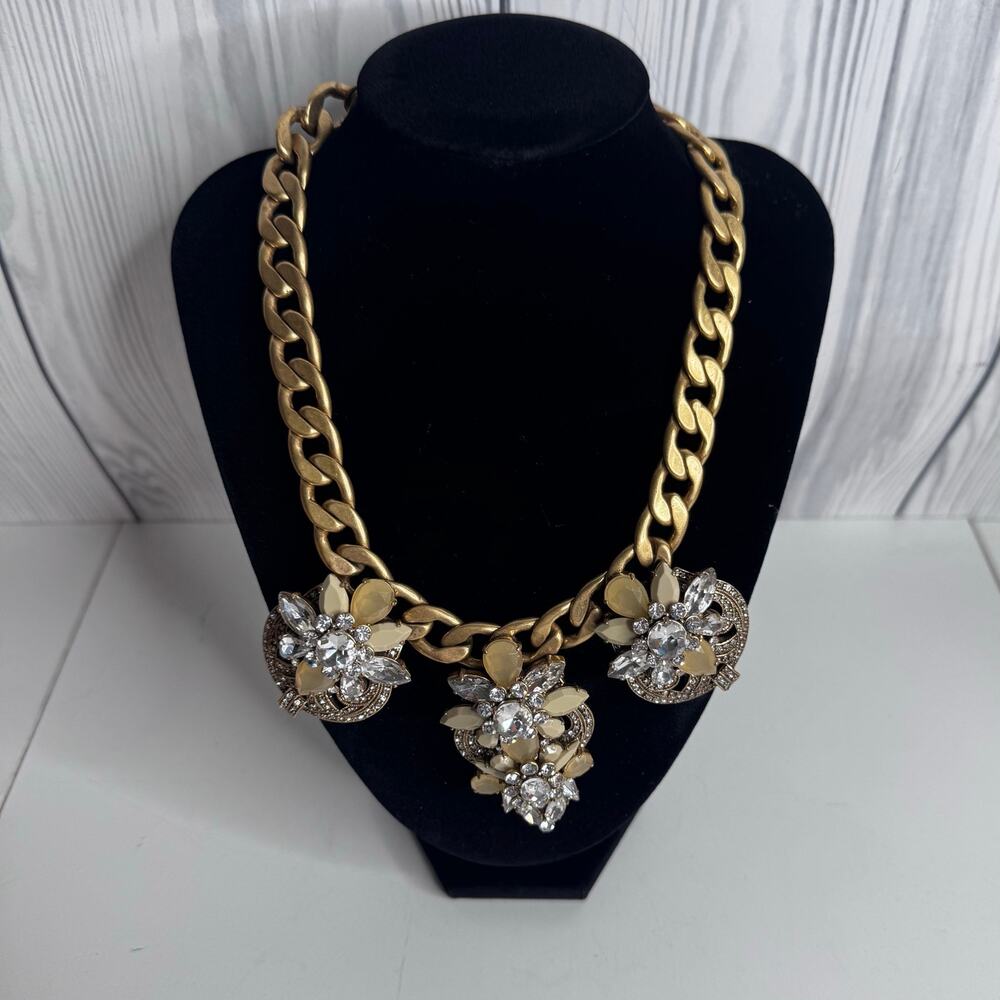 J.Crew Gold Chain Link Statement Necklace with Crystal Floral Clusters Y2K